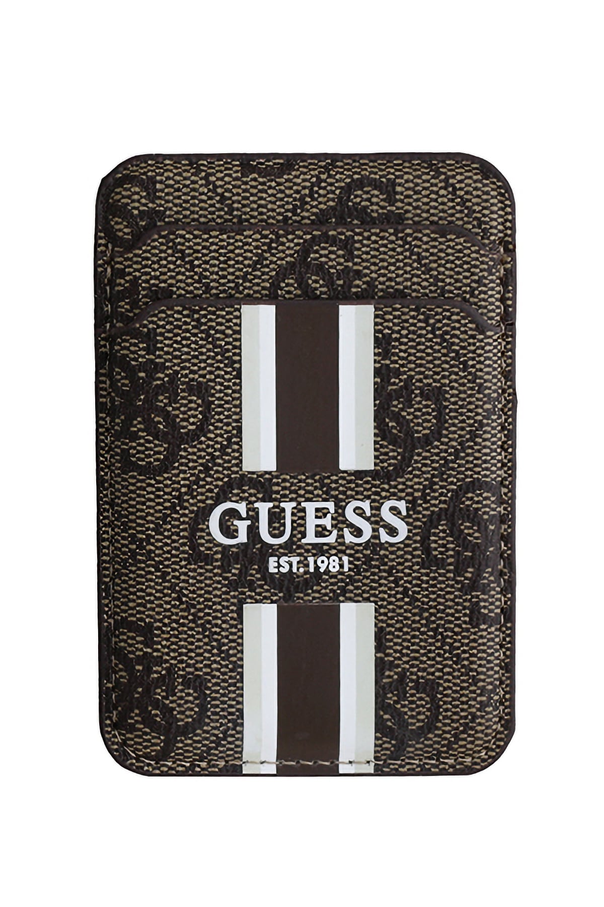 Guess Classic 4G Desenli iPhone 16 Pro Max Magsafe Uyumlu Kredi Kartlıklı Kılıf Kahverengi Guess