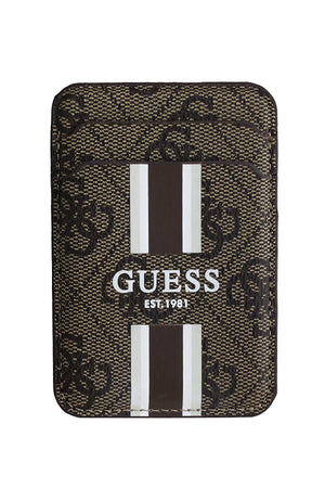 Guess Classic 4G Desenli iPhone 16 Pro Max Magsafe Uyumlu Kredi Kartlıklı Kılıf Kahverengi Guess