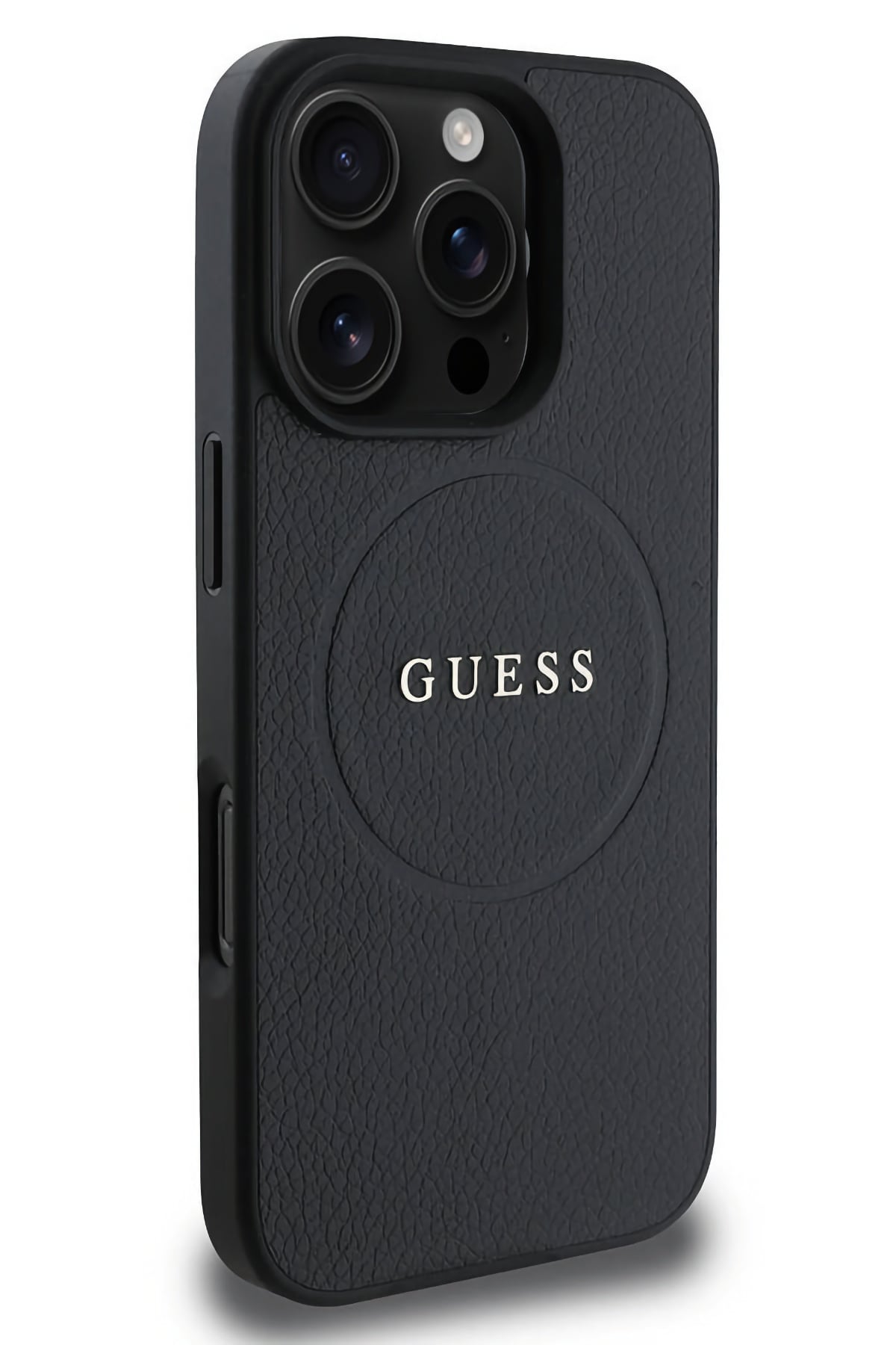 Guess Grained Yazı Logolu iPhone 16 Pro Magsafe Uyumlu Kılıf Siyah  Guess