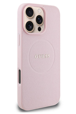 Guess Grained Yazı Logolu iPhone 16 Pro Max Magsafe Uyumlu Kılıf Pembe  Guess