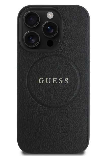 Guess Grained Yazı Logolu iPhone 16 Pro Max Magsafe Uyumlu Kılıf Siyah  Guess