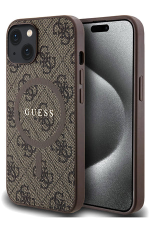 Guess iPhone 15 Magsafe Uyumlu 4G Desenli Kılıf Kahverengi