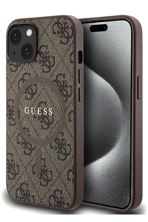 Guess iPhone 15 Magsafe Uyumlu 4G Desenli Kılıf Kahverengi  Guess