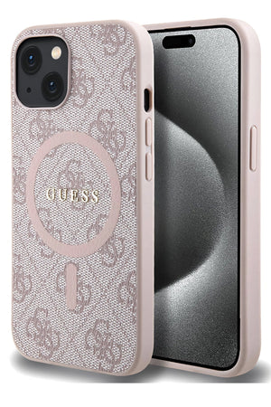 Guess iPhone 15 Magsafe Uyumlu 4G Desenli Kılıf Pembe  Guess