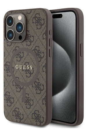 Guess iPhone 15 Pro Magsafe Uyumlu 4G Desenli Kılıf Kahverengi  Guess