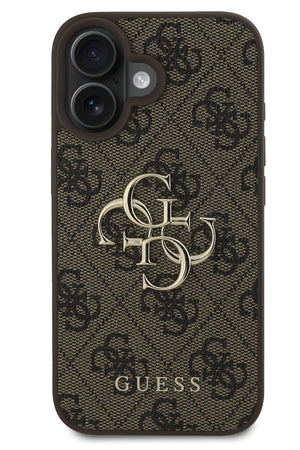 Guess iPhone 16 Plus Uyumlu 4G Logolu Deri Kılıf Kahverengi  Guess