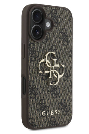 Guess iPhone 16 Plus Uyumlu 4G Logolu Deri Kılıf Kahverengi  Guess