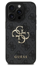Guess iPhone 16 Pro Max Uyumlu 4G Logolu Deri Kılıf Siyah  Guess