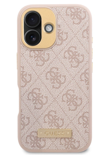 Guess Metal Plaka Logo iPhone 16 Plus Magsafe Uyumlu Kılıf Pembe  Guess