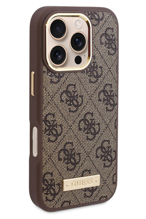 Guess Metal Plaka Logo iPhone 16 Pro Max Magsafe Uyumlu Kılıf Kahverengi  Guess