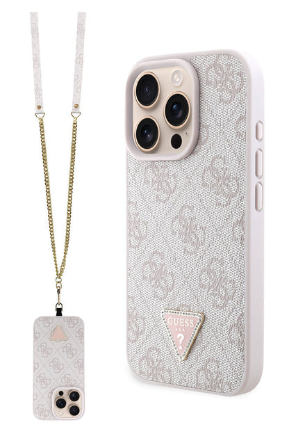 Guess Strass iPhone 16 Pro Uyumlu 4G Desenli Vücut Askılı Kılıf Pembe  Guess