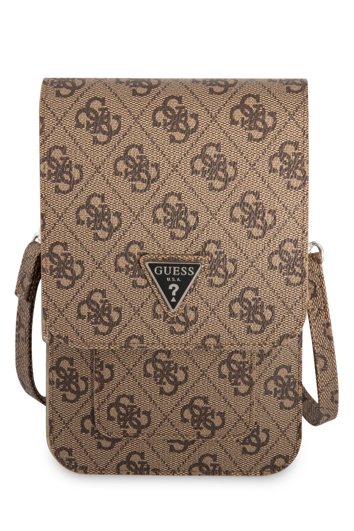 Guess Triangle Logolu Telefon Çantası Kredi Kartlıklı Kahverengi  Guess