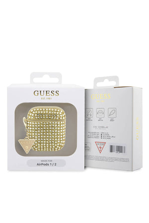 Guess Apple Airpods 2. Nesil Kılıf Taş Kaplamalı Üçgen Logo Süslü Gold  Guess