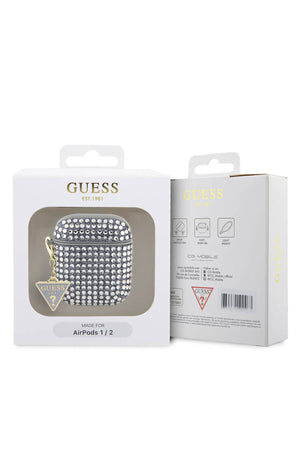 Guess Apple Airpods 2. Nesil Kılıf Taş Kaplamalı Üçgen Logo Süslü Gümüş  Guess