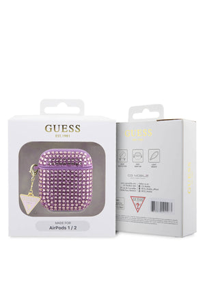 Guess Apple Airpods 2. Nesil Kılıf Taş Kaplamalı Üçgen Logo Süslü Mor  Guess
