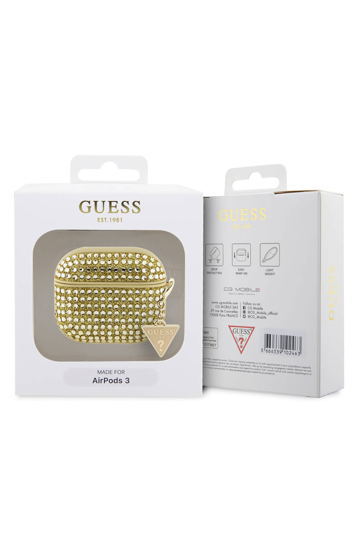 Guess Apple Airpods 3. Nesil Kılıf Taş Kaplamalı Üçgen Logo Süslü Gold  Guess