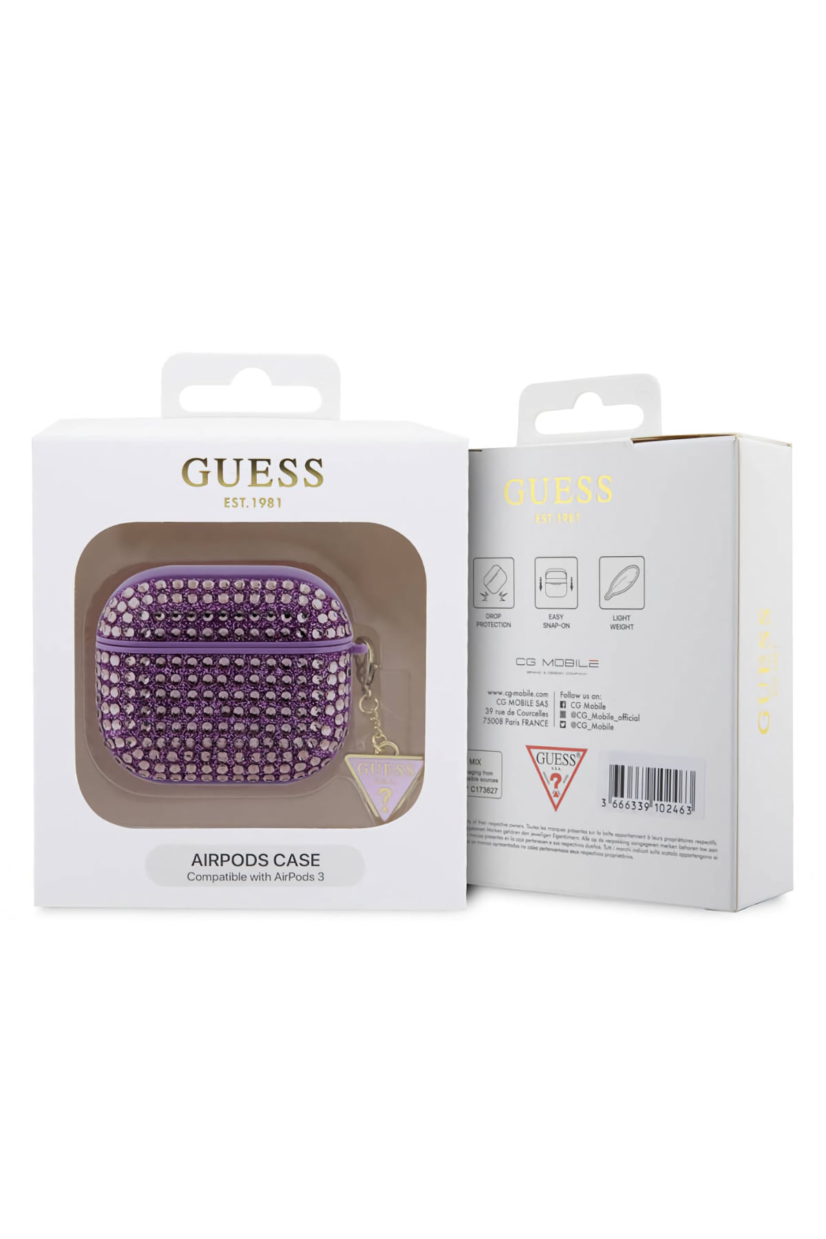 Guess Apple Airpods 3. Nesil Kılıf Taş Kaplamalı Üçgen Logo Süslü Mor  Guess