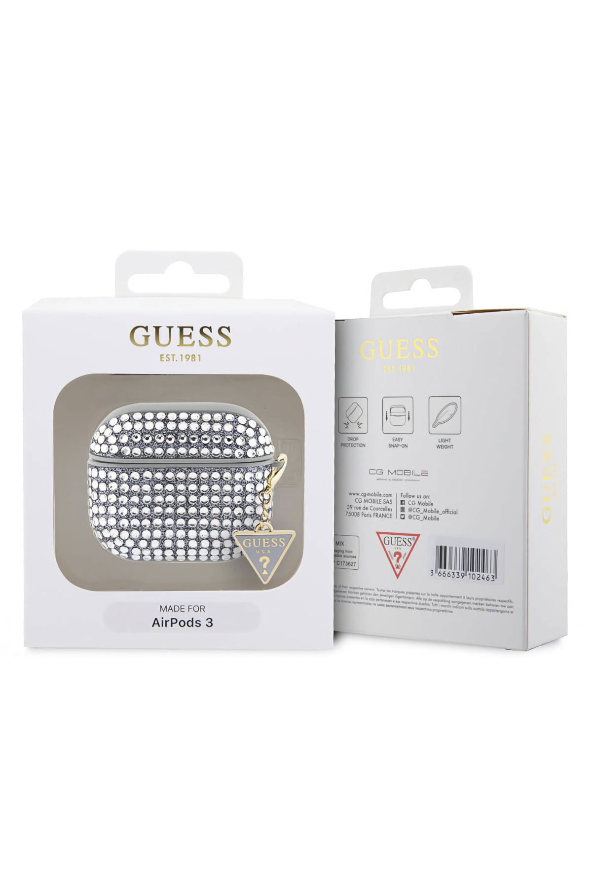 Guess Apple Airpods Pro 2. Nesil Kılıf Taş Kaplamalı Üçgen Logo Süslü Gümüş  Guess