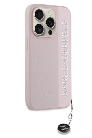 Karl Lagerfeld Saffiano Rhinestones iPhone 15 Pro Kılıf Pembe  Karl Lagerfeld