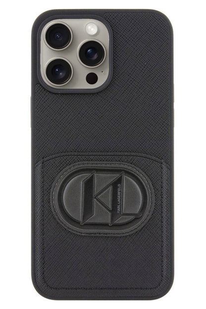 Karl Lagerfeld iPhone 15 Pro Max Compatible Saffiano K&amp;L Patch Card Holder Case Black 