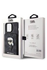 Karl Lagerfeld iPhone 15 Pro Uyumlu Saffiano Kartlıklı Standlı Kılıf Siyah