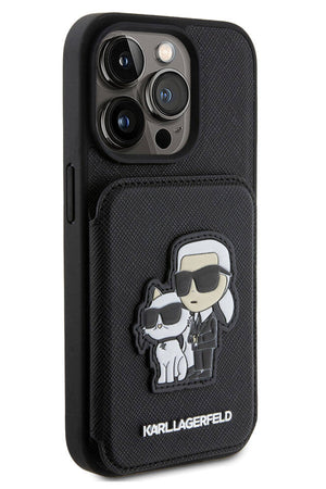 Karl Lagerfeld iPhone 15 Pro Uyumlu Saffiano Kartlıklı Standlı K&C Kılıf Siyah  Karl Lagerfeld