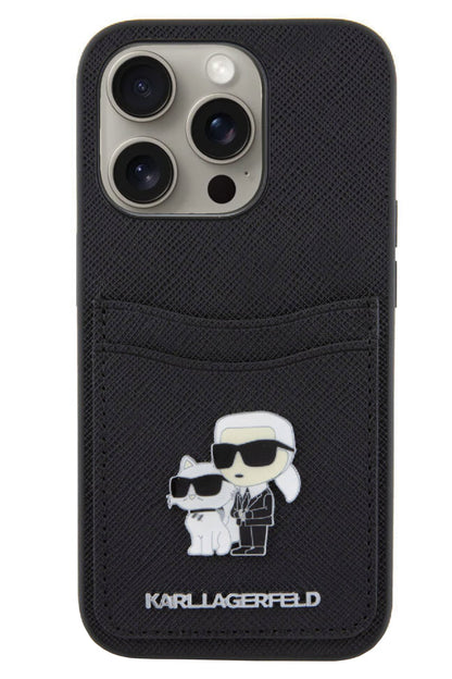 Karl Lagerfeld iPhone 15 Pro Uyumlu Saffiano Kartlıklı K&C Kılıf Siyah  Karl Lagerfeld