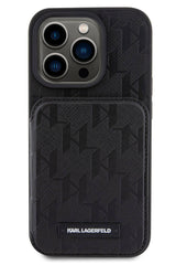 Karl Lagerfeld iPhone 15 Pro Max Uyumlu Saffiano Standlı Kartlıklı Kılıf Siyah