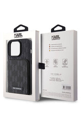 Karl Lagerfeld iPhone 15 Pro Max Uyumlu Saffiano Standlı Kartlıklı Kılıf Siyah