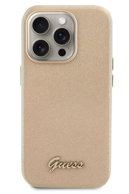 Guess iPhone 15 Pro Uyumlu Glitter Glossy Script Silikon Kılıf Gold