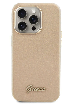 Guess iPhone 15 Pro Uyumlu Glitter Glossy Script Silikon Kılıf Gold  Guess