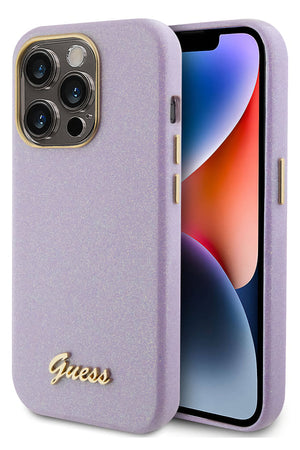 Guess iPhone 15 Pro Compatible Glitter Glossy Script Silicone Case Lilac 