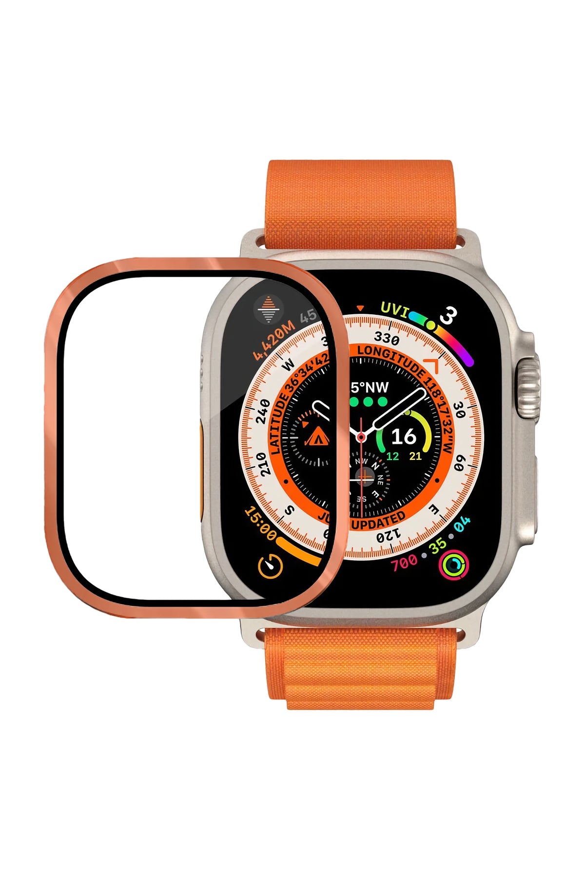 Apple Watch Ultra Uyumlu Metal Çerçeveli İnce Ekran Koruyucu Turuncu  bikordon
