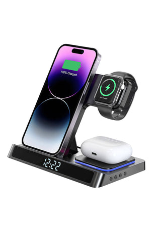 Wiwu Wi-W006 Power Air 5in1 Magnetic Wireless Charging Stand with Digital Clock and Alarm and Fast Charging Feature 