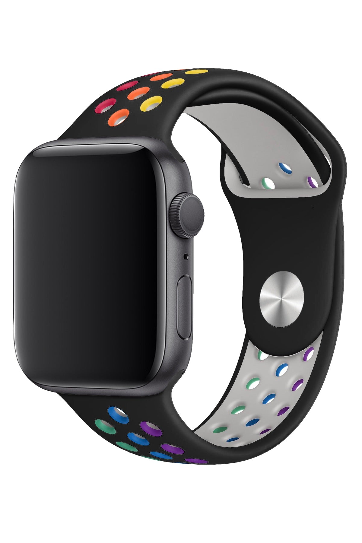 Apple Watch Uyumlu Silikon Delikli Spor Kordon Siyah Gökkuşağı  bikordon