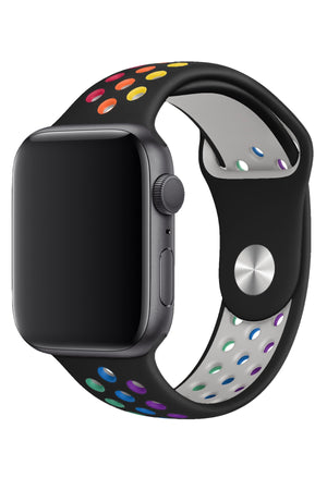 Apple Watch Uyumlu Silikon Delikli Spor Kordon Siyah Gökkuşağı  bikordon