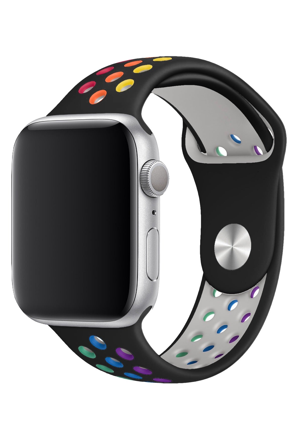 Apple Watch Uyumlu Silikon Delikli Spor Kordon Siyah Gökkuşağı  bikordon