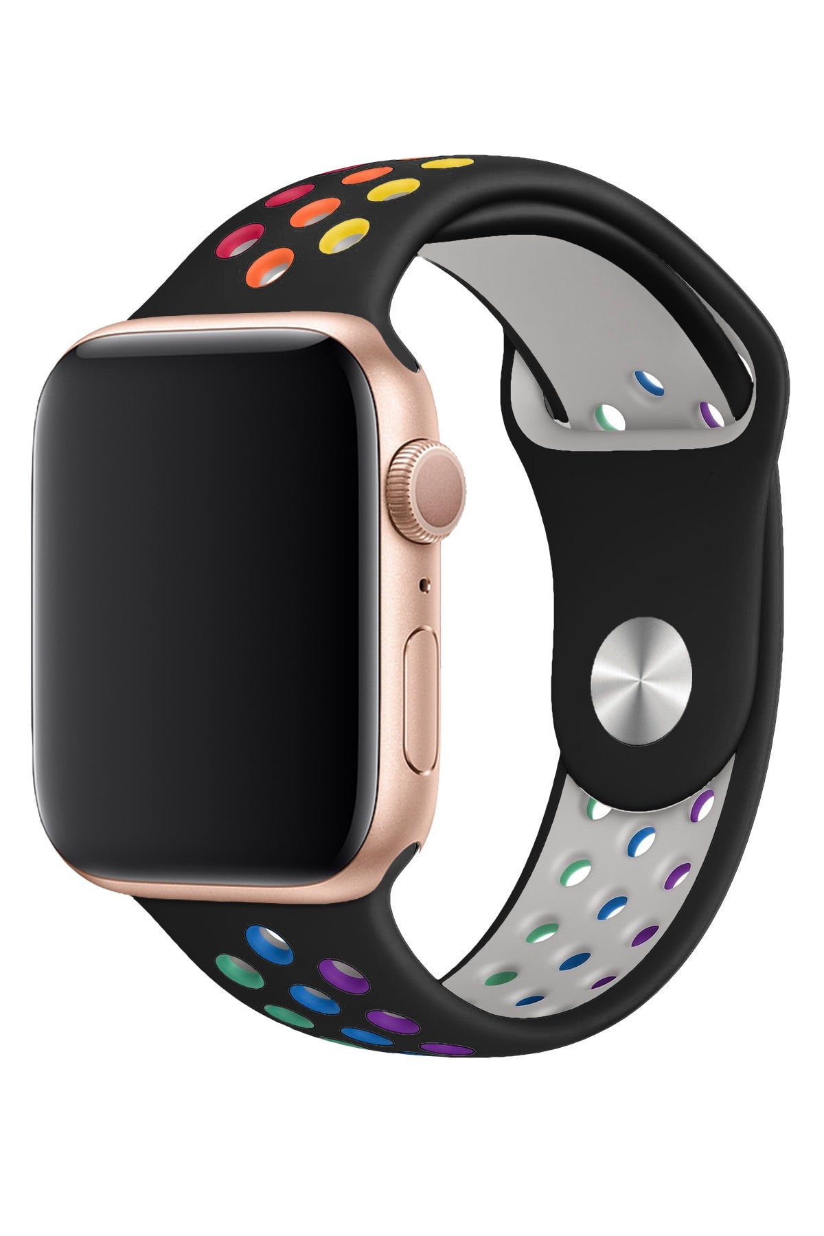 Apple Watch Uyumlu Silikon Delikli Spor Kordon Siyah Gökkuşağı  bikordon