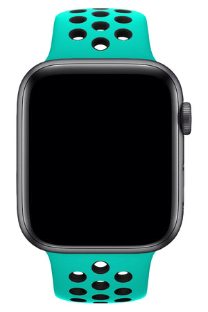 Apple Watch Uyumlu Silikon Delikli Spor Kordon Turkuaz Siyah  bikordon