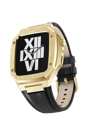 Apple Watch Uyumlu Belize Gold Kasa Koruyucu Deri Kordon Siyah  bikordon