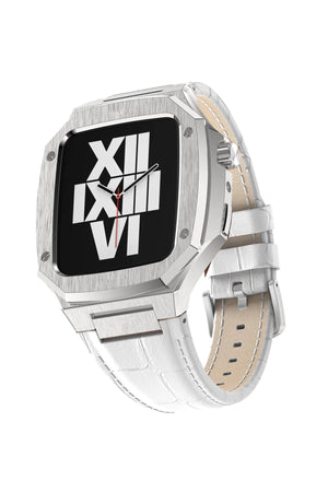 Apple Watch Uyumlu Belize Gümüş Gri Kasa Koruyucu Deri Kordon Beyaz  bikordon