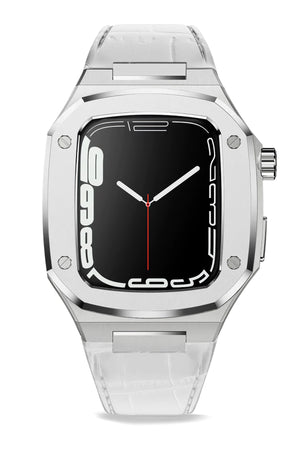 Apple Watch Uyumlu Belize Gümüş Gri Kasa Koruyucu Deri Kordon Beyaz  bikordon