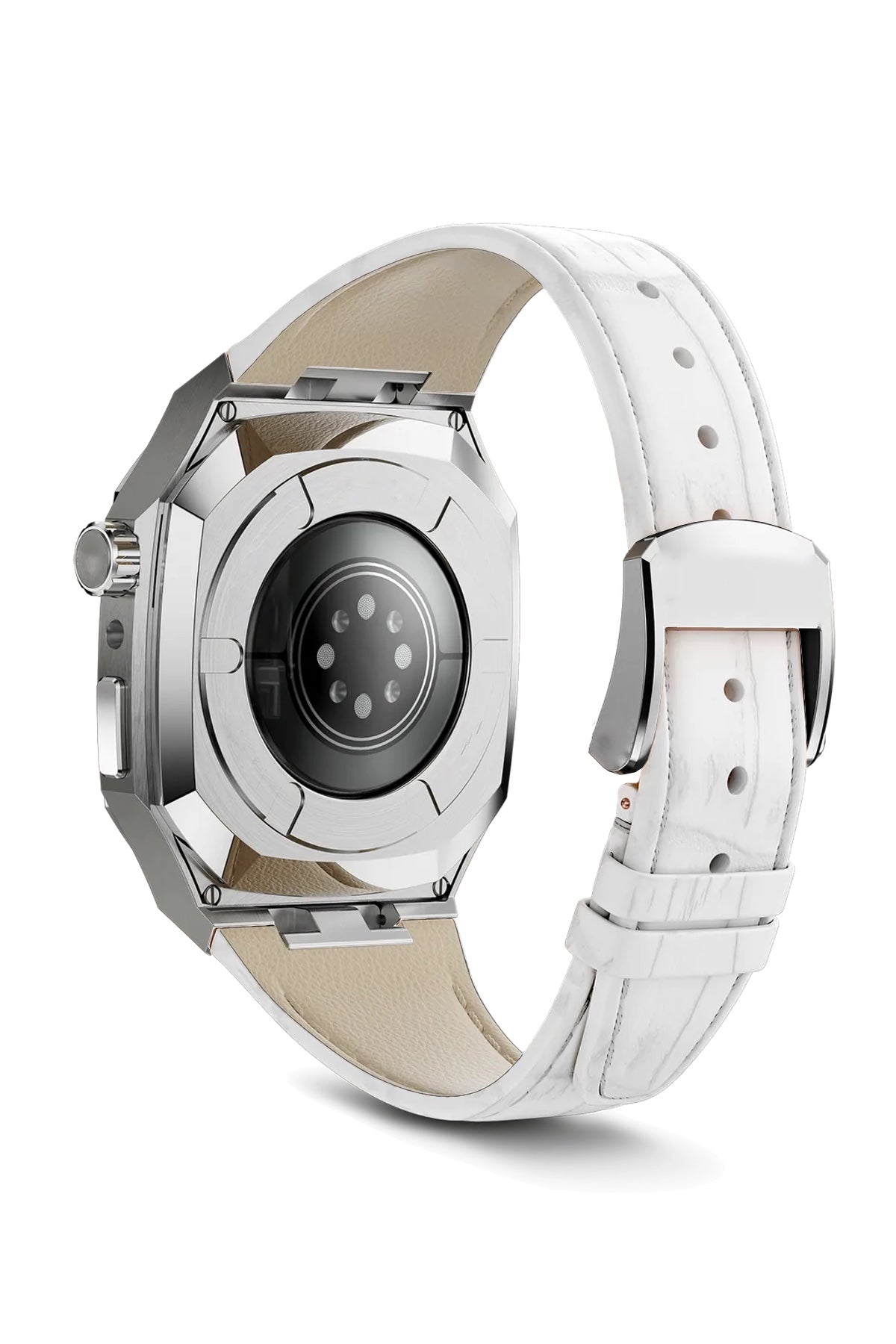 Apple Watch Uyumlu Belize Gümüş Gri Kasa Koruyucu Deri Kordon Beyaz  bikordon
