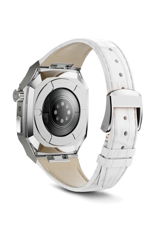 Apple Watch Uyumlu Belize Gümüş Gri Kasa Koruyucu Deri Kordon Beyaz  bikordon