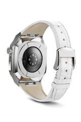 Apple Watch Uyumlu Belize Gümüş Gri Kasa Koruyucu Deri Kordon Beyaz
