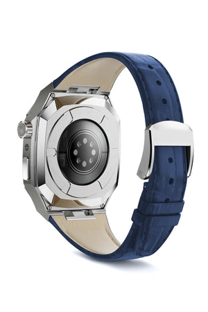 Apple Watch Uyumlu Belize Gümüş Gri Kasa Koruyucu Deri Kordon Lacivert  bikordon